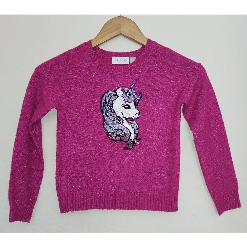 The Children's Place - Girls Flip Sequin Unicorn Sweater - shimmery pink sz 5-6